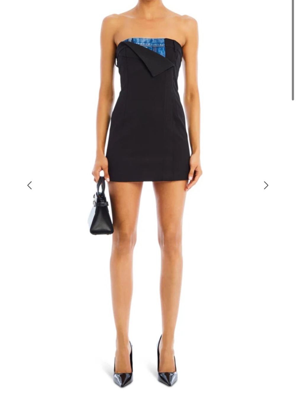 Retrofete Black Strapless Mini Dress with Blue Trim